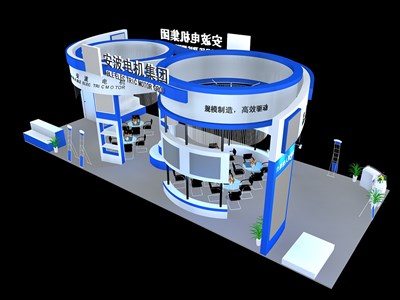 90平米展臺設(shè)計制作：四面開口/前衛(wèi)/木質(zhì)結(jié)構(gòu)/藍(lán)色，為機(jī)械展展商而作（免費使用）