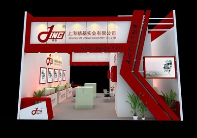 72平米展臺設(shè)計制作：二面開口/現(xiàn)代/木質(zhì)結(jié)構(gòu)/紅色，為機械展展商而作（免費使用）