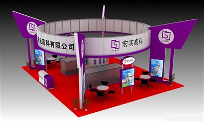 80平米展臺(tái)設(shè)計(jì)制作：四面開(kāi)口/現(xiàn)代/木質(zhì)結(jié)構(gòu)/紫色，為機(jī)械展展商而作（免費(fèi)使用）
