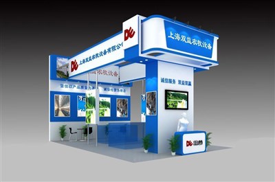 54平米展臺設(shè)計制作：三面開口/現(xiàn)代/木質(zhì)結(jié)構(gòu)/藍色，為機械展展商而作（免費使用）