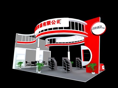 54平米展臺設計制作：三面開口/現(xiàn)代/木質結構/紅色，為汽配展展商而作（免費使用）