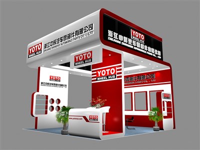 36平米展臺設計制作：三面開口/現(xiàn)代/木質結構/紅色，為汽配展展商而作（免費使用）