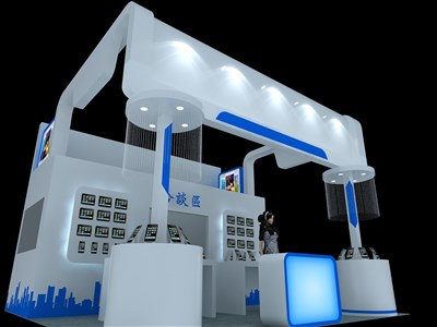 36平米展臺設計制作：三面開口/現(xiàn)代/木質結構/藍色，為電子展展商而作（免費使用）