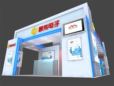 54平米展臺(tái)設(shè)計(jì)制作：三面開(kāi)口/前衛(wèi)/木質(zhì)結(jié)構(gòu)/藍(lán)色，為電子展展商而作（免費(fèi)使用）