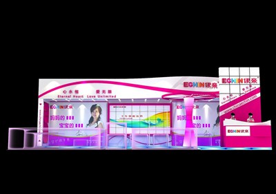 72平米展臺設計制作：一面開口/現(xiàn)代/木質結構/紫色，為嬰幼展展商而作（免費使用）