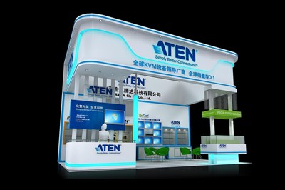 54平米展臺設計制作：三面開口/現(xiàn)代/木質結構/藍色，為電子展展商而作（免費使用）