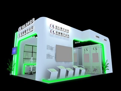 54平米展臺設(shè)計制作：二面開口/現(xiàn)代/木質(zhì)結(jié)構(gòu)/綠色，為電子展展商而作（免費使用）