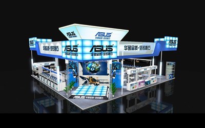 324平米展臺設計制作：四面開口/前衛(wèi)/型材結(jié)構(gòu)/藍色，為電子展展商而作（免費使用）