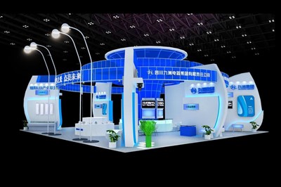 196平米展臺設計制作：三面開口/前衛(wèi)/木質(zhì)結構/藍色，為電子展展商而作（免費使用）