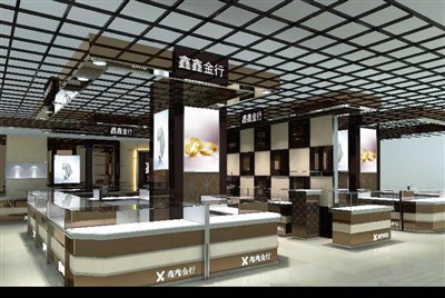 152平米展廳設(shè)計(jì)制作：現(xiàn)代/咖啡色，產(chǎn)品類展廳-鑫鑫金行珠寶展廳（免費(fèi)使用）