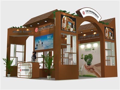 36平米展臺設(shè)計制作：三面開口/中式/木質(zhì)結(jié)構(gòu)/咖啡色，為電子展展商而作（免費(fèi)使用）