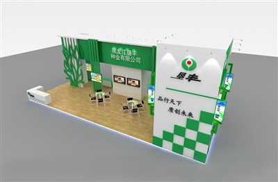 90平米展臺設計制作：二面開口/現(xiàn)代/木質(zhì)結構/綠色，為綜合展展商而作（免費使用）
