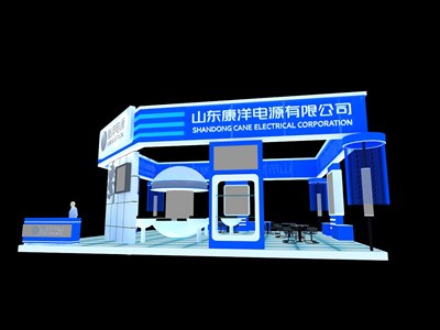 144平米展臺設計制作：四面開口/現(xiàn)代/型材結(jié)構(gòu)/藍色，為電子展展商而作（免費使用）