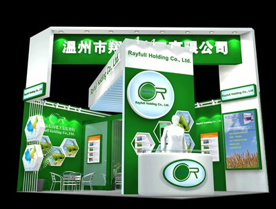 27平米展臺設(shè)計制作：二面開口/現(xiàn)代/木質(zhì)結(jié)構(gòu)/綠色，為化工展展商而作（免費使用）