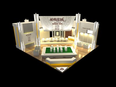 64平米展臺設(shè)計制作：二面開口/現(xiàn)代/木質(zhì)結(jié)構(gòu)/白色，為房產(chǎn)展展商而作（免費使用）