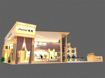 135平米展臺設(shè)計制作：三面開口/現(xiàn)代/木質(zhì)結(jié)構(gòu)/米色，為家具展展商而作（免費使用）