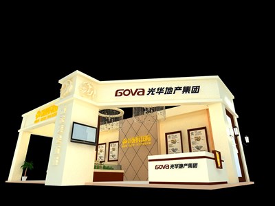 108平米展臺設(shè)計制作：三面開口/現(xiàn)代/木質(zhì)結(jié)構(gòu)/米色，為房產(chǎn)展展商而作（免費使用）