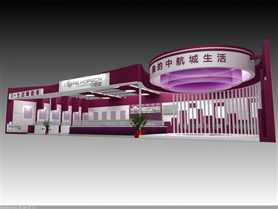 135平米展臺設計制作：一面開口/現(xiàn)代/木質(zhì)結(jié)構(gòu)/紫色，為房產(chǎn)展展商而作（免費使用）