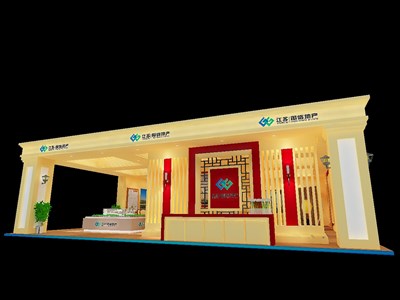 72平米展臺設(shè)計制作：四面開口/歐式/型材結(jié)構(gòu)/米色，為房產(chǎn)展展商而作（免費使用）