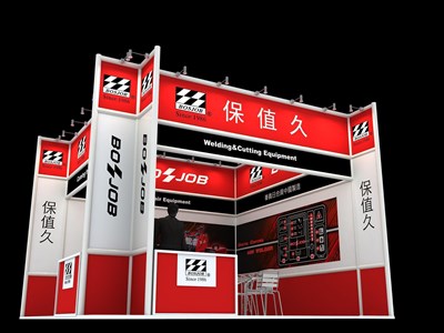 36平米展臺(tái)設(shè)計(jì)制作：二面開(kāi)口/現(xiàn)代/型材結(jié)構(gòu)/紅色，為建材展展商而作（免費(fèi)使用）