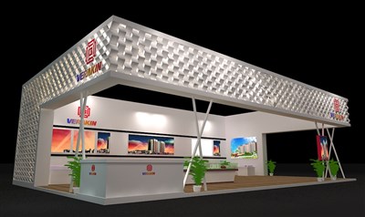 96平米展臺(tái)設(shè)計(jì)制作：三面開口/前衛(wèi)/木質(zhì)結(jié)構(gòu)/白色，為房產(chǎn)展展商而作（免費(fèi)使用）