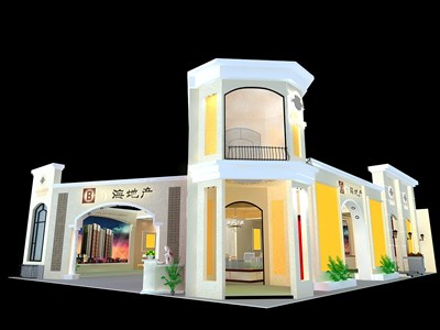 170平米展臺設(shè)計制作：三面開口/歐式/木質(zhì)結(jié)構(gòu)/白色，為房產(chǎn)展展商而作（免費(fèi)使用）