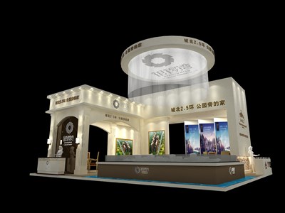 190平米展臺設計制作：四面開口/歐式/木質(zhì)結(jié)構(gòu)/米色，為房產(chǎn)展展商而作（免費使用）