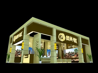 99平米展臺設(shè)計(jì)制作：二面開口/歐式/型材結(jié)構(gòu)/咖啡色，為房產(chǎn)展展商而作（免費(fèi)使用）