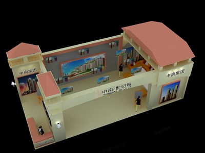 48平米展臺設(shè)計制作：二面開口/歐式/木質(zhì)結(jié)構(gòu)/米色，為房產(chǎn)展展商而作（免費使用）