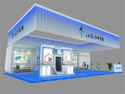 135平米展臺設(shè)計制作：三面開口/現(xiàn)代/型材結(jié)構(gòu)/藍(lán)色，為電子展展商而作（免費使用）