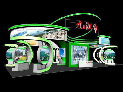 198平米展臺設(shè)計制作：四面開口/前衛(wèi)/型材結(jié)構(gòu)/綠色，為旅游展展商而作（免費使用）
