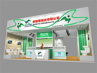54平米展臺設(shè)計制作：二面開口/現(xiàn)代/木質(zhì)結(jié)構(gòu)/綠色，為建材展展商而作（免費使用）