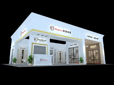 120平米展臺(tái)設(shè)計(jì)制作：二面開口/歐式/木質(zhì)結(jié)構(gòu)/白色，為建材展展商而作（免費(fèi)使用）
