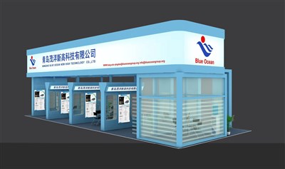 90平米展臺設計制作：三面開口/現(xiàn)代/木質結構/藍色，為建材展展商而作（免費使用）