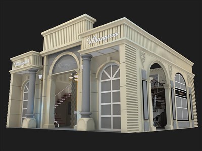 144平米展臺設(shè)計制作：二面開口/歐式/木質(zhì)結(jié)構(gòu)/米色，為建材展展商而作（免費使用）