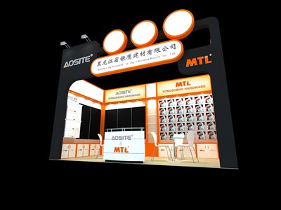 18平米展臺(tái)設(shè)計(jì)制作：一面開口/現(xiàn)代/木質(zhì)結(jié)構(gòu)/黑色，為建材展展商而作（免費(fèi)使用）