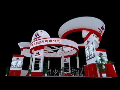 72平米展臺設(shè)計制作：四面開口/現(xiàn)代/木質(zhì)結(jié)構(gòu)/紅色，為建材展展商而作（免費(fèi)使用）