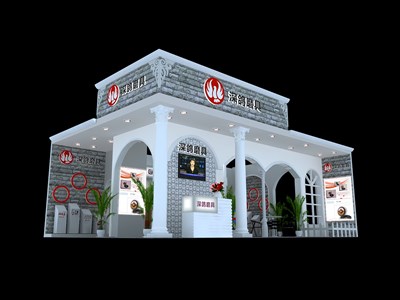 54平米展臺設計制作：三面開口/歐式/木質(zhì)結(jié)構(gòu)/灰色，為建材展展商而作（免費使用）