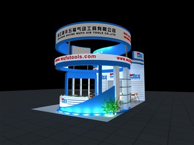 54平米展臺設(shè)計制作：三面開口/現(xiàn)代/木質(zhì)結(jié)構(gòu)/藍(lán)色，為建材展展商而作（免費使用）
