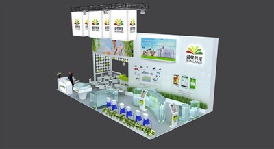 72平米展臺設計制作：三面開口/現(xiàn)代/木質結構/綠色，為電子展展商而作（免費使用）