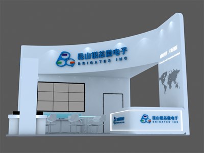54平米展臺(tái)設(shè)計(jì)制作：三面開口/現(xiàn)代/木質(zhì)結(jié)構(gòu)/白色，為電子展展商而作（免費(fèi)使用）