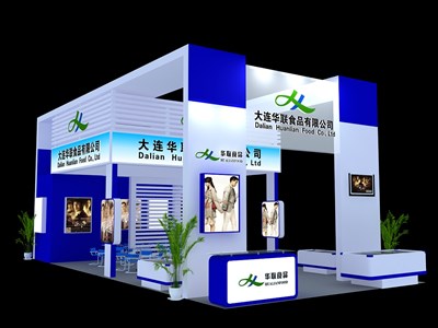 72平米展臺(tái)設(shè)計(jì)制作：三面開口/現(xiàn)代/木質(zhì)結(jié)構(gòu)/藍(lán)色，為食品展展商而作（免費(fèi)使用）