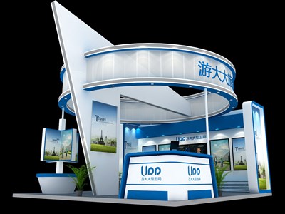 36平米展臺設(shè)計制作：三面開口/現(xiàn)代/木質(zhì)結(jié)構(gòu)/藍(lán)色，為建材展展商而作（免費使用）
