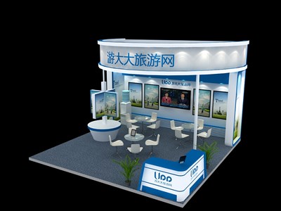 36平米展臺設(shè)計(jì)制作：三面開口/現(xiàn)代/木質(zhì)結(jié)構(gòu)/藍(lán)色，為建材展展商而作（免費(fèi)使用）