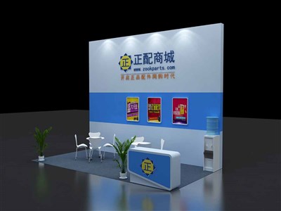 18平米展臺設計制作：二面開口/現(xiàn)代/木質(zhì)結(jié)構(gòu)/藍色，為汽配展展商而作（免費使用）