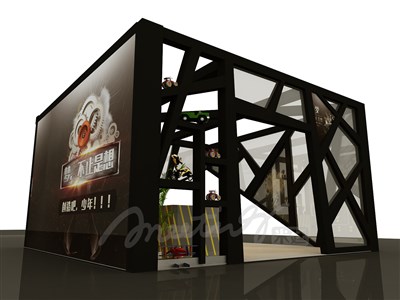 36平米展臺設(shè)計制作：三面開口/現(xiàn)代/木質(zhì)結(jié)構(gòu)/黑色，為成就招商展展商而作（免費使用）