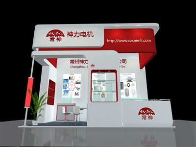 18平米展臺設(shè)計制作：三面開口/現(xiàn)代/木質(zhì)結(jié)構(gòu)/紅色，為機械展展商而作（免費使用）