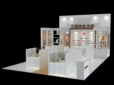 57平米展臺設(shè)計制作：三面開口/中式/木質(zhì)結(jié)構(gòu)/白色，為成就招商展展商而作（免費(fèi)使用）