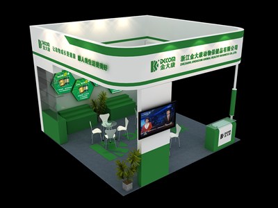 36平米展臺設計制作：三面開口/現代/木質結構/綠色，為食品展展商而作（免費使用）